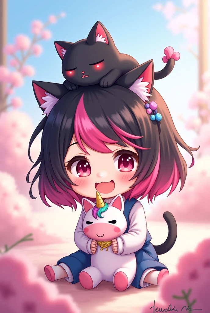 Girl with pink and black hair and a black cat on her head and a unicorn plush toy in her hand in chibi anime style