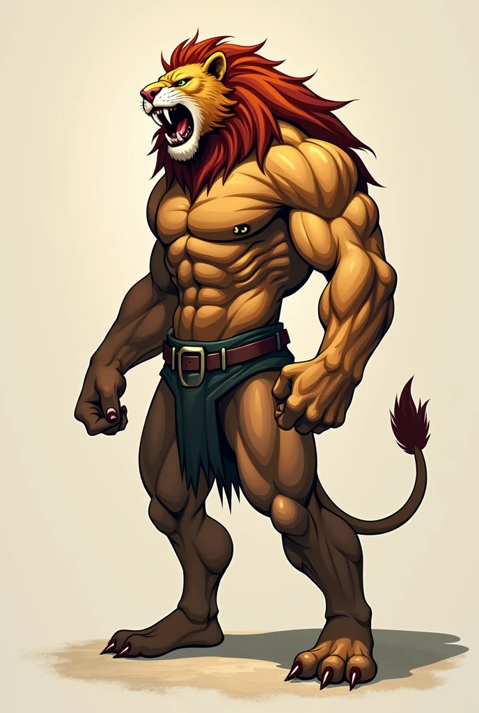 An artwork in vector style depicting a lion with the body of an extremely muscular man. The lion-man is in a dynamic pose, roaring fiercely while forcefully flexing only one arm to showcase his powerful bicep. His other arm is relaxed, adding contrast to the tension in the flexed arm. His face is filled with rage, with his sharp teeth bared and his mane flowing wildly around his head. The clean lines and bold shapes typical of vector art emphasize the defined muscles and the intense expression on the lion’s face, capturing a moment of raw power and aggression