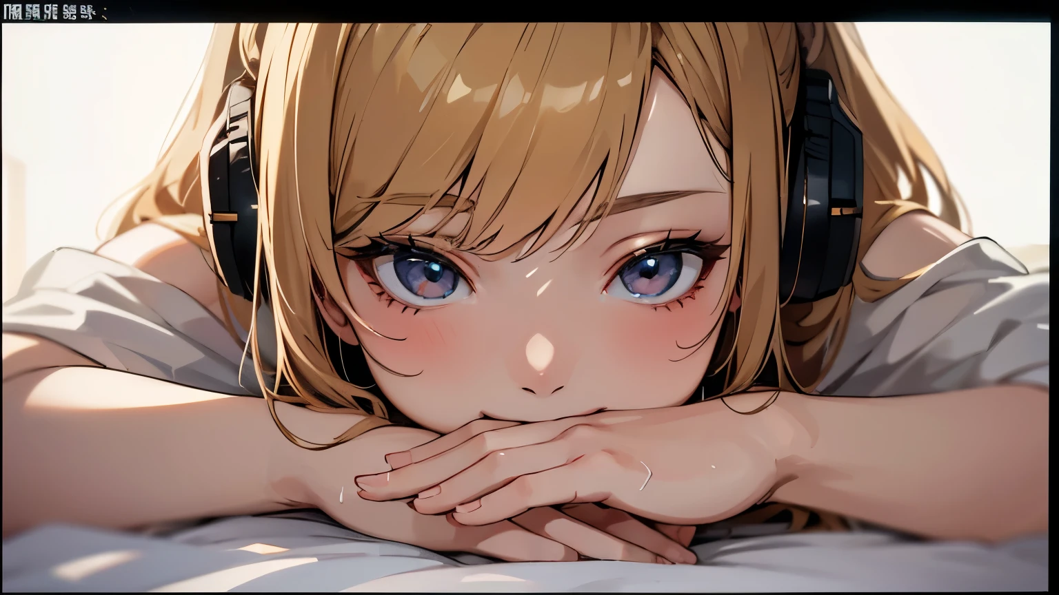 Ultra-detailed、There is a fan at the end of the room.。Draw an image of a person lying face down on a bed listening to music with headphones。Colorful blonde、Goddess-like、Idol-like face、Detailed human body(Detailed feet、Detailed hands)、Girl in a wet shirt、Highest quality, masterpiece, Ultra-high resolution, (Film Grain: 1.4), Digital photography, bangs, Cinema Lighting, (Fuji Color: 1.2) Portraiture, alone, To the audience, smile, (Face close-up), Cleans pores, Looking at the audience, White background (Realistic: 1.2)、