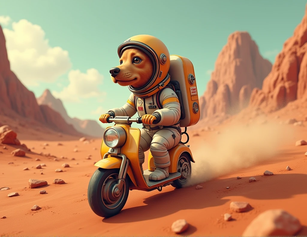astronaut dog invading mars on a scooter wearing city hall pants