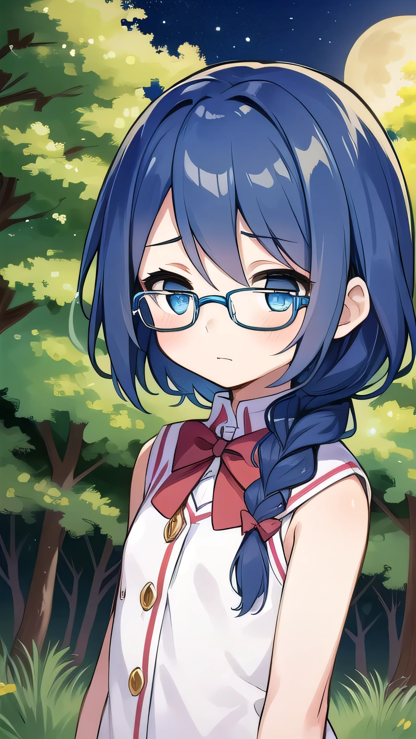 small breasted girl, short, , blue hair, single braid, blue eyes, round eyes, shy, shy, , short, young face, short height, , glasses with no edges,flat chest,night,walking，night, dark, moonlight，in the forest，beautiful eyes