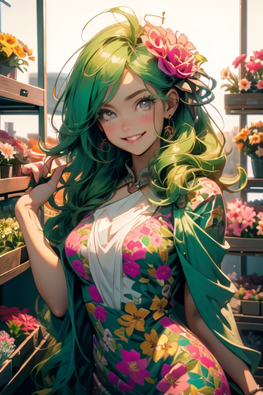 Perfect face. Perfect hands. A green haired woman with pink eyes with an hourglass figure in a floral dress is smiling while selecting flowers in a floral shop