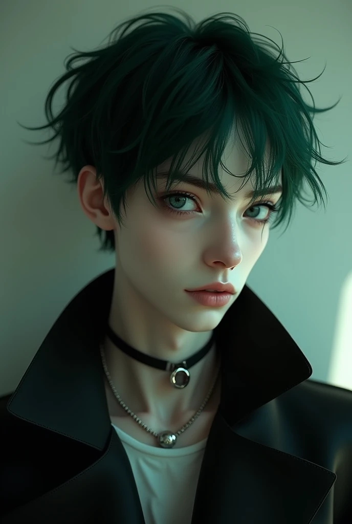 male, pale skin, dark green emo hair, dark blue eyes, button nose, attractive, slender eyes, adult man