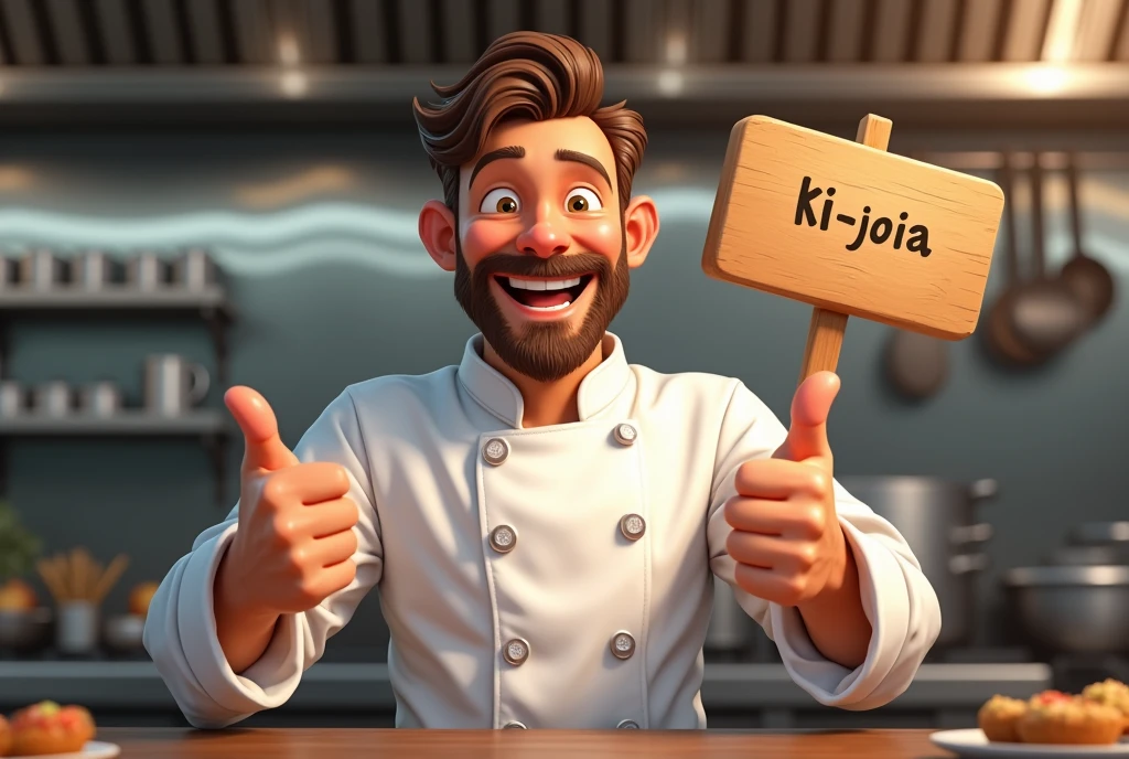 realistic image of a smiling chef making the thumbs up sign and holding a sign with the inscription "Ki-Joia" In the other hand