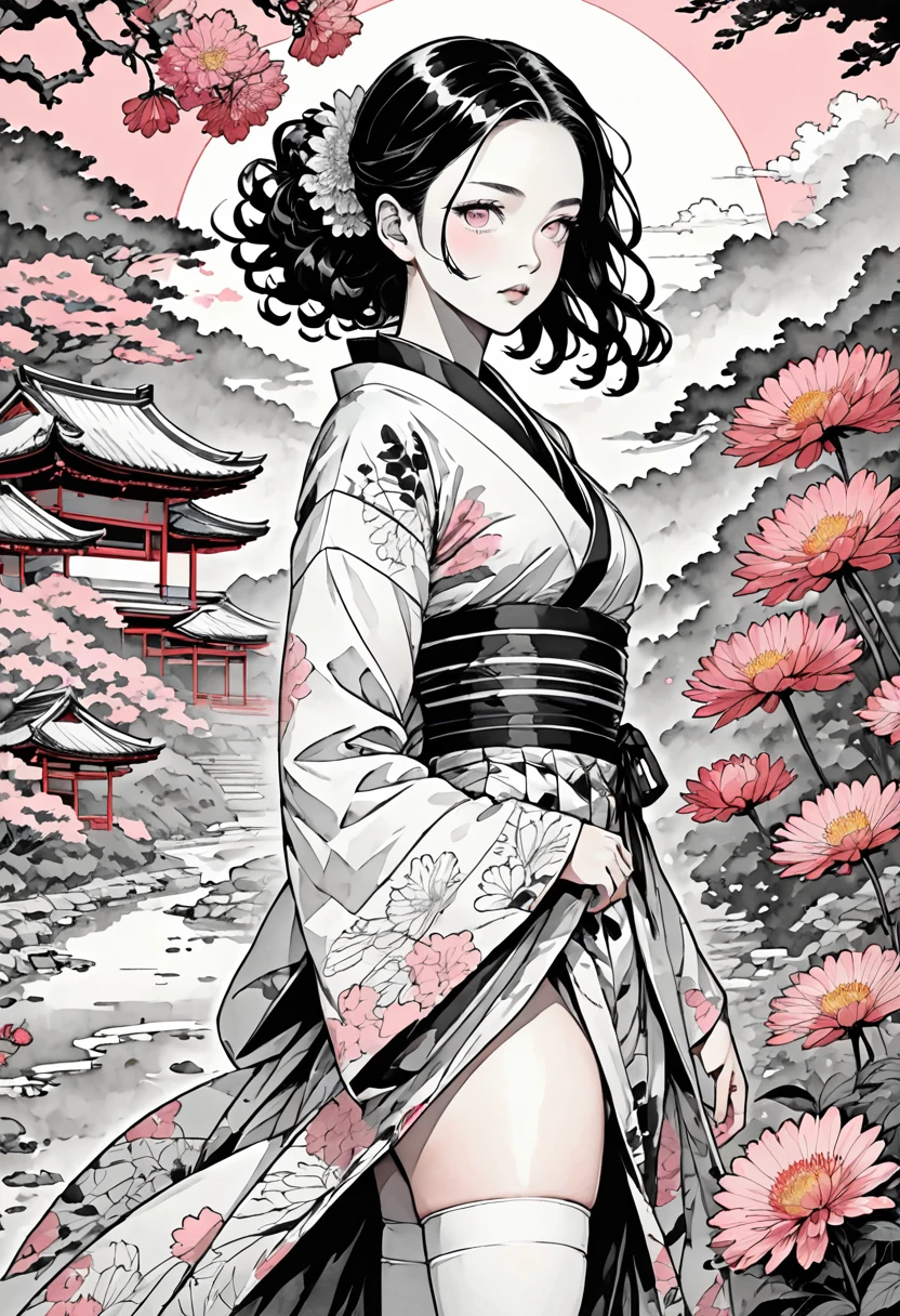 Black and white stick figure 1 girl with flowers, lots of flowers in background, in dress with flowers, its fine ink line art, comic style, ((Nezuko Komado from Kimetsu No Yaiba)), black hair, pink eyes, Hollywood glam, beautiful line art, black and white comic style, manga style, manga art style, standing, contrapposto, thigh highs, illustrative drawing, black and white coloring, ornate border, cleavage, arms behind back, ((watercolor style)),