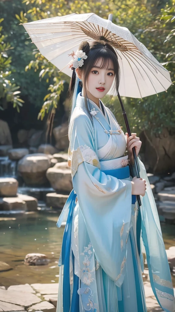 arafed asian woman in a blue dress holding an umbrella, palace , a girl in hanfu, beautiful render of tang dynasty, hanfu, wearing ancient chinese clothes, white hanfu, trending on cgstation, with acient chinese clothes, chinese style, traditional beauty, pale and coloured kimono, guweiz, a beautiful fantasy empress, beautiful character painting