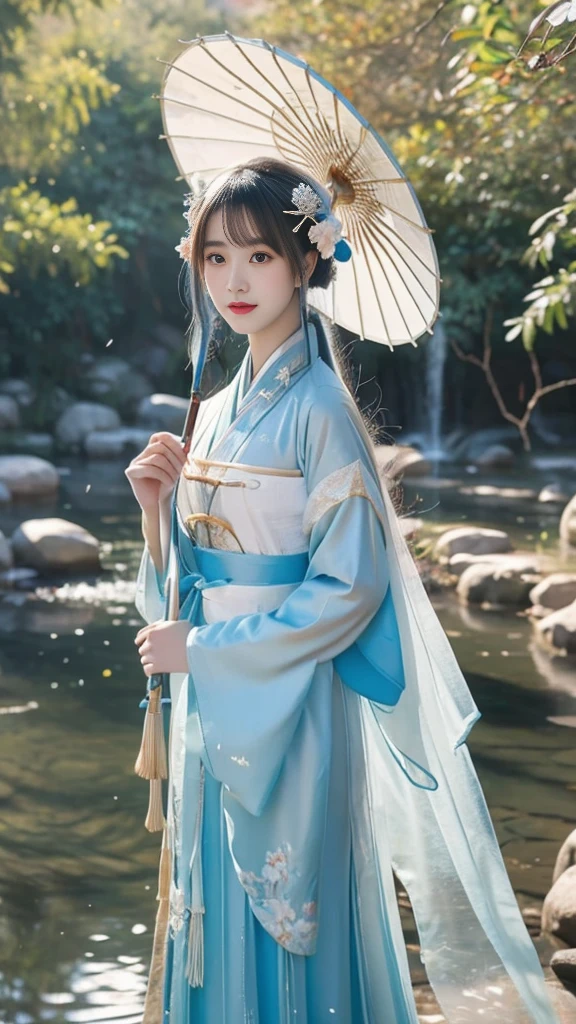 arafed asian woman in a blue dress holding an umbrella, palace , a girl in hanfu, beautiful render of tang dynasty, hanfu, wearing ancient chinese clothes, white hanfu, trending on cgstation, with acient chinese clothes, chinese style, traditional beauty, pale and coloured kimono, guweiz, a beautiful fantasy empress, beautiful character painting