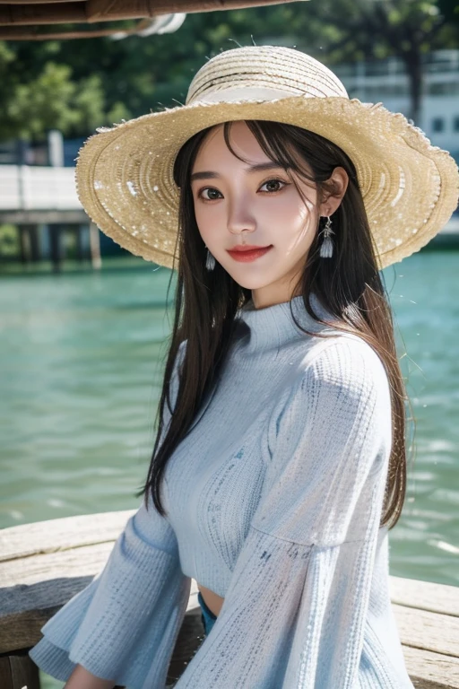 (22 year old Japanese beautiful girl,), (Small breasts:1.5,),(solo,Textured skin, Detailed skin,Detailed face,Detailed eyes,detailed posing,Natural eyebrows,High detail, Highest quality, Super detailed, Surrealism, ,8k,RAW Photos,Photographicism,Professional Lighting,Ray Tracing,Aperture F1.2,Portrait Photography,Natural Light),(((Black Hair, Natural Makeup,Simple earrings,Medium Hair, smile, Bell sleeve sweater,White straw hat))),(((Highland lakes,Clear blue lake water,Observation deck overlooking the lake)))
