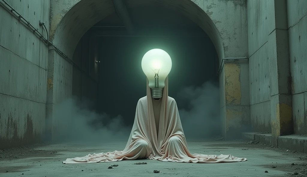 Top quality, masterpiece, cement building background, sitting on the floor, wearing a pastel colored long cloth, a creature with a light bulb as a head, detailed image texture, eerie, horror, creepy atmosphere (not AI image), cloudy weather, foggy,