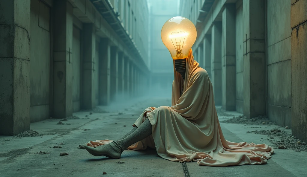 Top quality, masterpiece, cement building background, sitting on the floor, wearing a pastel colored long cloth, a creature with a light bulb as a head, detailed image texture, eerie, horror, creepy atmosphere (not AI image), cloudy weather, foggy,