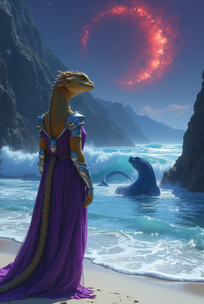 Female reptilian in purple tunic with golden scales and silver armor, they observe the waves of the sea where another blue reptilian emerges. White sand beach and very tall dark pointed mountains.
The starry sky with a red nebula. 