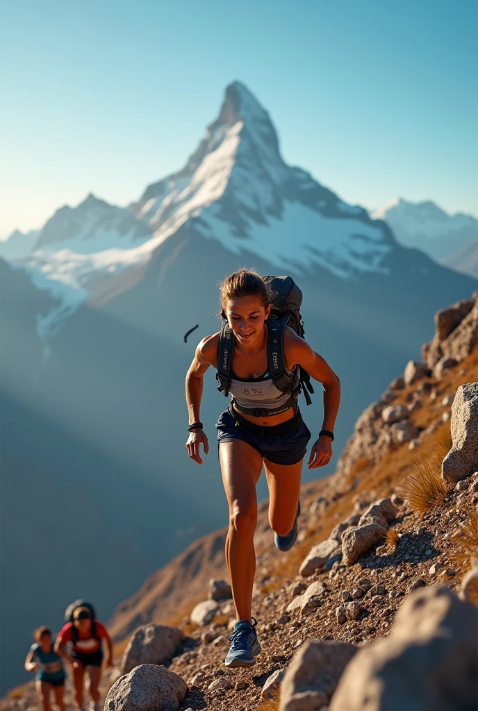 The image shows a woman participating in a race or hiking activity in a spectacular mountain setting.. She is climbing a steep slope, with an expression of effort and concentration, but also of satisfaction. wears sports clothes, with a hydration backpack on the back and trail running shoes, suggesting it is well prepared for the challenging terrain.
The natural environment is impressive. Behind the woman, a vast mountainous landscape stretches out, with tall, rocky peaks rising into the sky. The dominant mountain in the background has a majestic presence, with its summit bathed in sunlight that highlights its details and textures.
The terrain the woman is climbing appears to be arid., with rocks and loose soil, which makes its ascent even more challenging. Around it, There are other participants, although they are in more backward positions, which indicates that she is leading or ahead in this section of the course.
The sky is clear blue, without clouds, and the sunlight illuminates the scene, creating a beautiful contrast between the shadows of the mountains and the clarity of the day. The combination of human effort and the grandeur of nature captures a moment of personal achievement amidst a spectacular landscape.