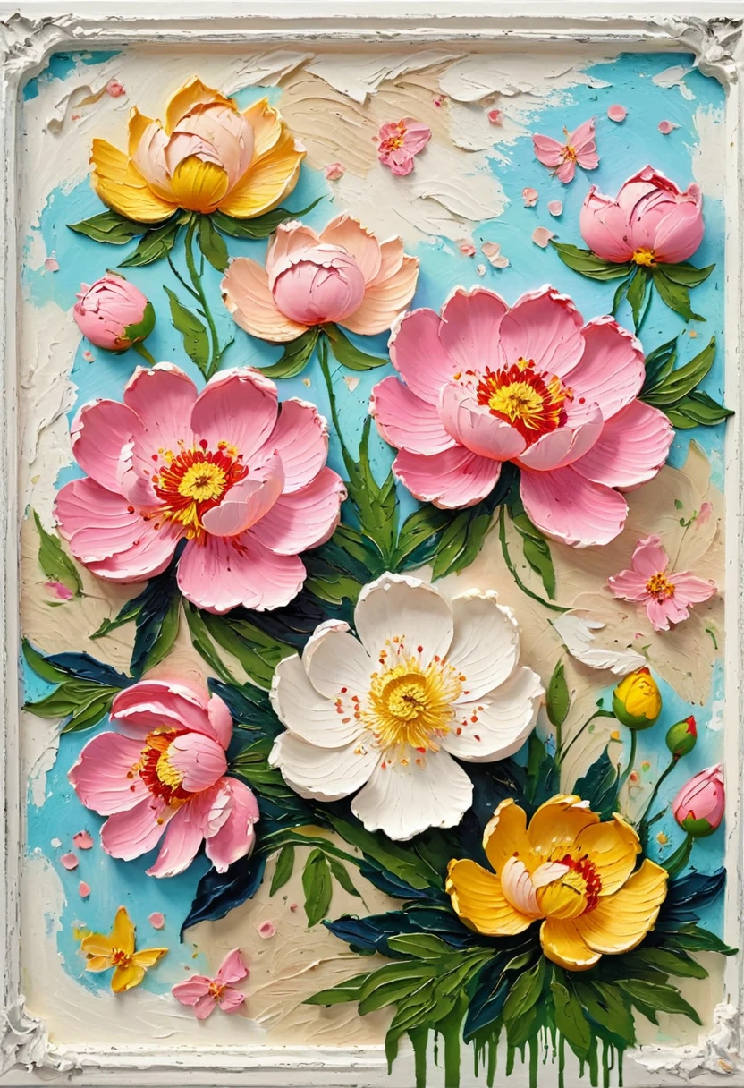 (A painting in a white plaster frame on an easel)：(((Soft tones，Chalk painting，Oil stick painting，flight，Thick coating，Uneven texture，Plaster texture，Graffiti)))。Korean style framed decorative painting，3D Decorating，French style peony flower