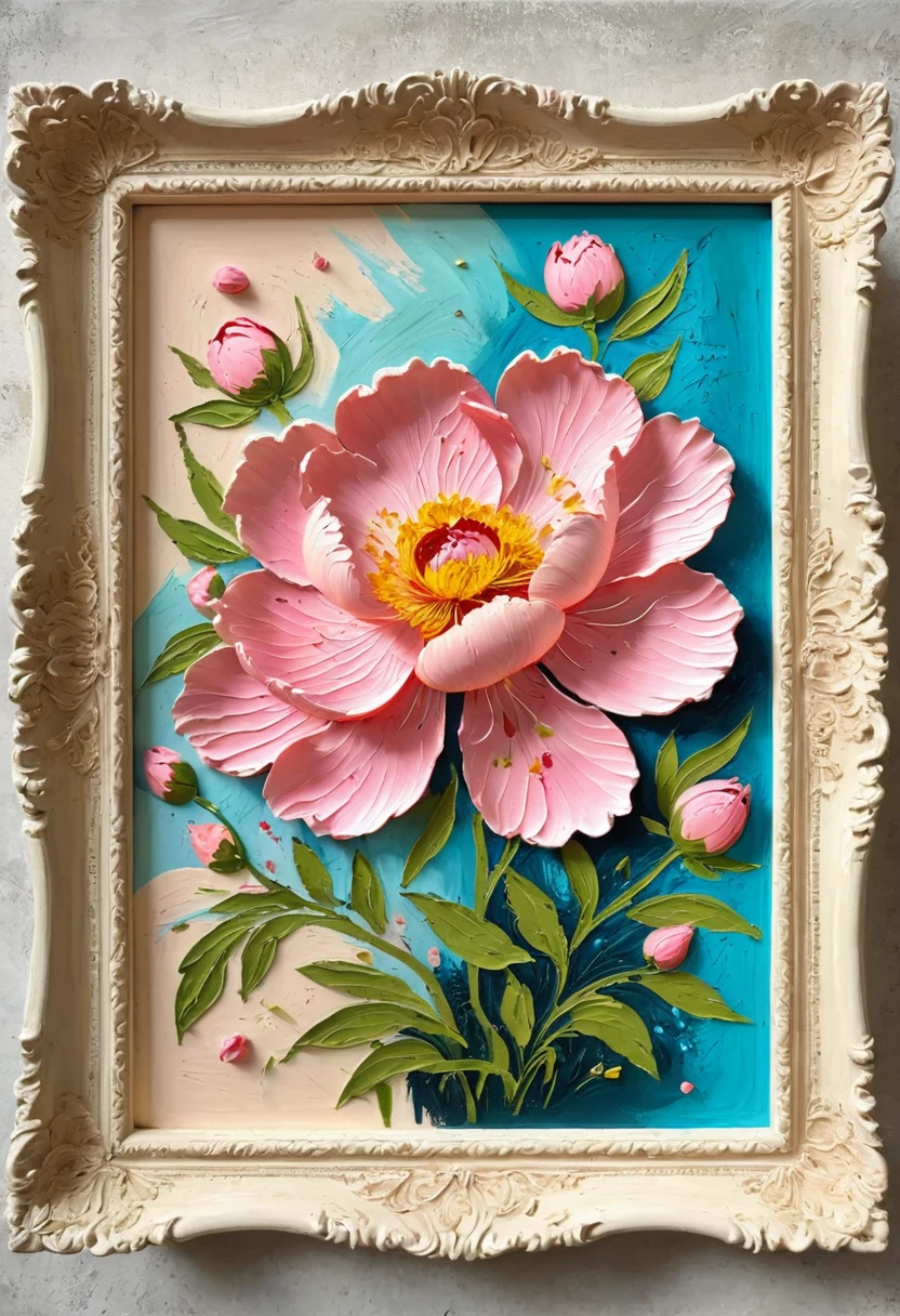 (A painting in a white plaster frame on an easel)：(((Soft tones，Chalk painting，Oil stick painting，flight，Thick coating，Uneven texture，Plaster texture，Graffiti)))。Korean style framed decorative painting，3D Decorating，French style peony flower