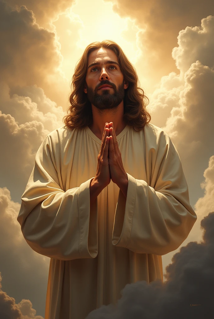 Jesus praying in heaven looking at the camera.