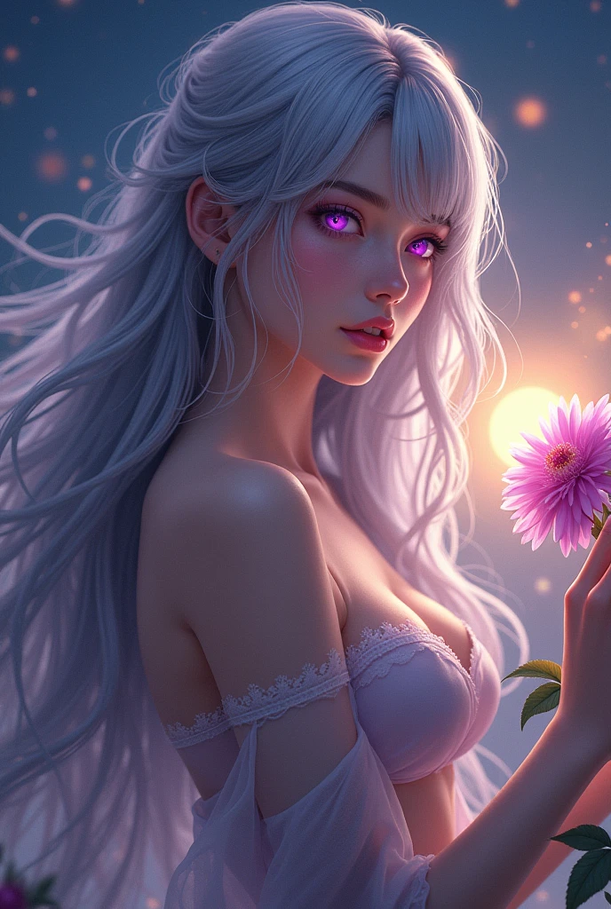 realistic, girl single, gray hair, purple eyes, shining eyes, crop top, skirt, parted lips, blush, night, flower, sun, sunlight, naked