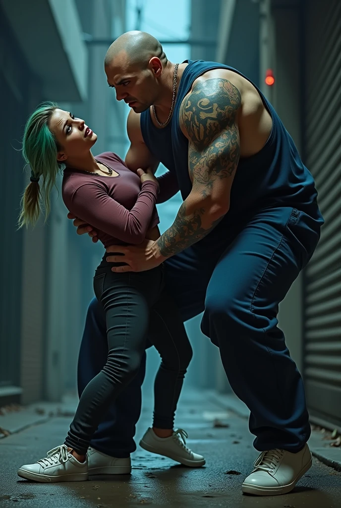 You can generate a 170cm tall man with a skull tattoo on his right shoulder,dyed green hair,Black muscle, Navy blue jumpsuit, White shoes. Who is robbing a lady .The thief must have an angry look and a feeling of despair while committing the robbery. 