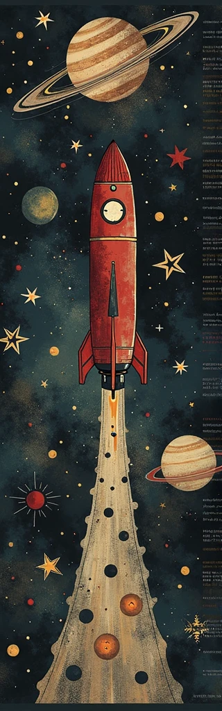 This painting depicts a rocket soaring through space, surrounded by planets, stars, and various celestial bodies. The artistic style is imaginative and vibrant, with a strong contrast between the dark colors of space and the bright hues of the rocket and planets. The rocket is painted in shades of red and orange, while the background of space is dominated by deep blues and blacks. These elements create a fantastical and adventurous atmosphere, reminiscent of illustrations in storybooks or contemporary fantasy art.
