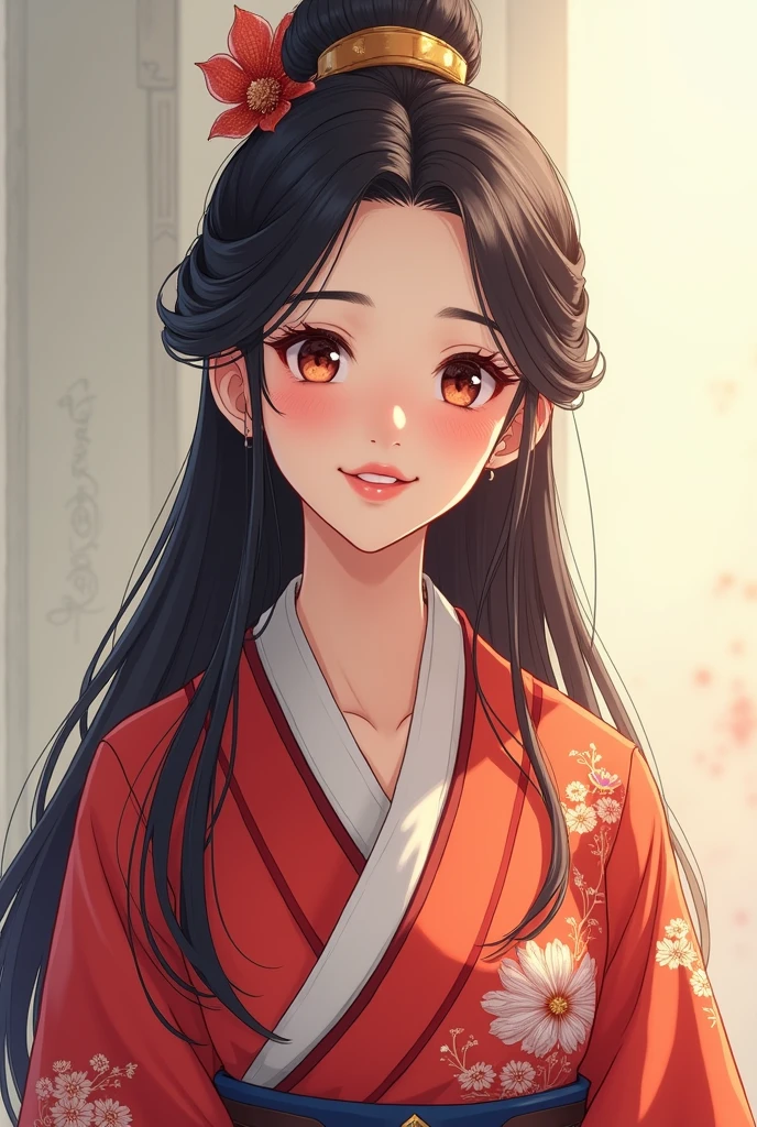 A beautiful Tibetan woman wearing a traditional Japanese dress and showing her white teeth、Beautiful digital artwork, Beautiful digital illustrations, Beautiful digital painting, Smooth anime CG art,Amazing digital illustrations, Detailed digital anime art,  Beautiful anime portraits