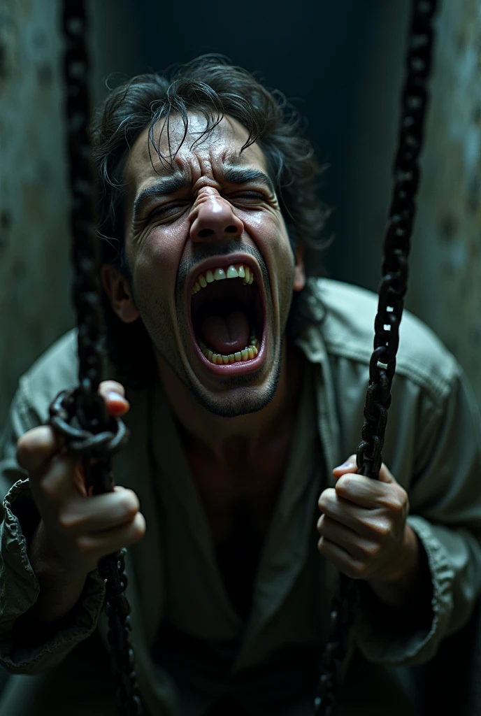 a distressed prisoner in chains, detailed face, intense expression, ragged clothing, dark prison cell, dramatic lighting, gritty realistic style, cinematic composition, high contrast, muted color palette, strong shadows, depth of field, photorealistic, 8k, best quality, masterpiece