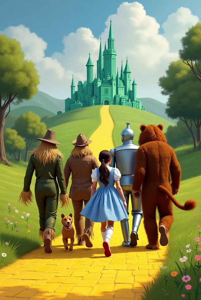 Dorothy Gale, Toto, the Scarecrow, the Tin Woodman, and the Cowardly Lion on the yellow brick road, walking toward the Emerald City (with their backs facing the screen). 

