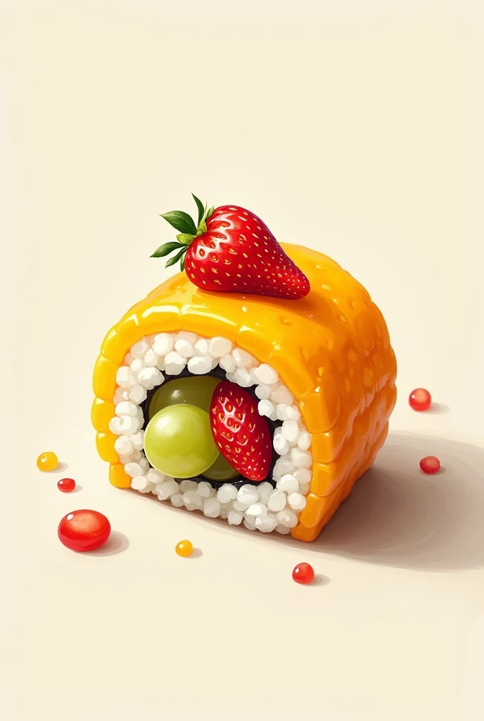 2D model of fruit sushi filled with grape and strawberry and coated with mango