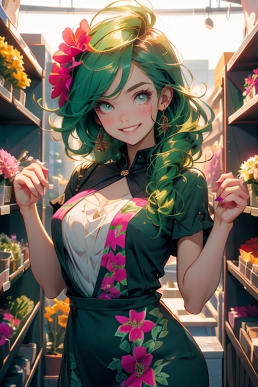 Perfect face. Perfect hands. A green haired woman with pink eyes with an hourglass figure in a floral dress is smiling while selecting flowers in a floral shop