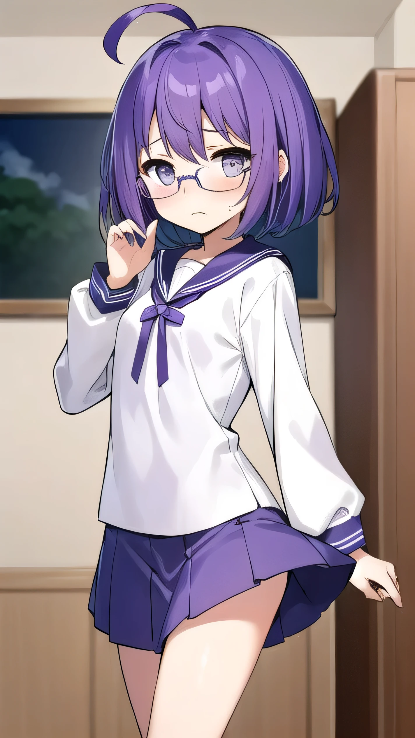 (Purple hair:1.4), gray eyes, white , navy blue miniskirt, , short, short long hair, kind expression, shy, , almost no breasts, slightly exposed. hair,(flipped hair ), flipped hair, long sleeves, ahoge, girl alone, flipped hair, flipped hair, flipped hair, flipped hair, glasses with no edges, embarrassed, flat chest，beautiful eyes