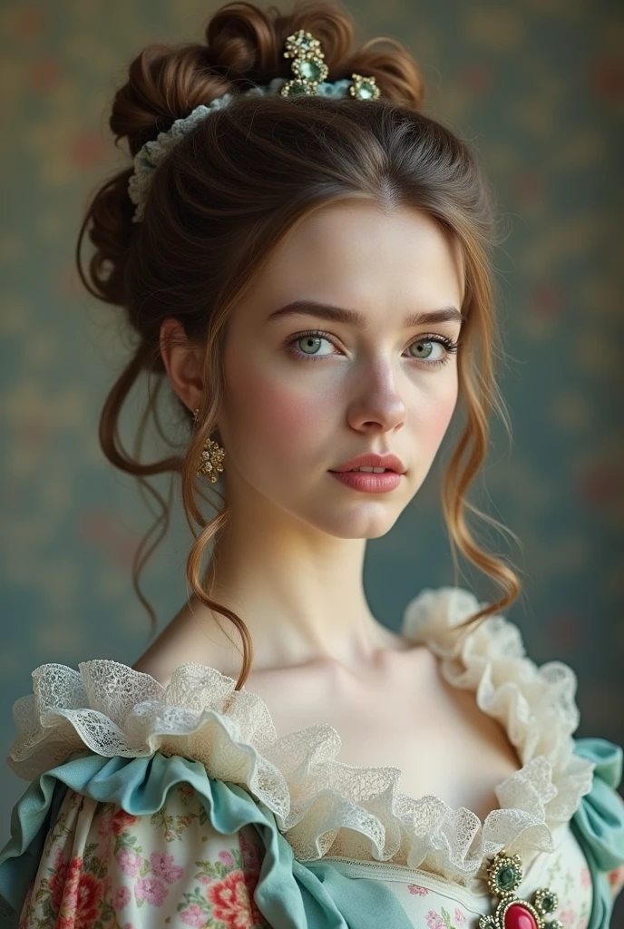 Frontal portrait of a woman wearing a Rococo style dress from the 1700s