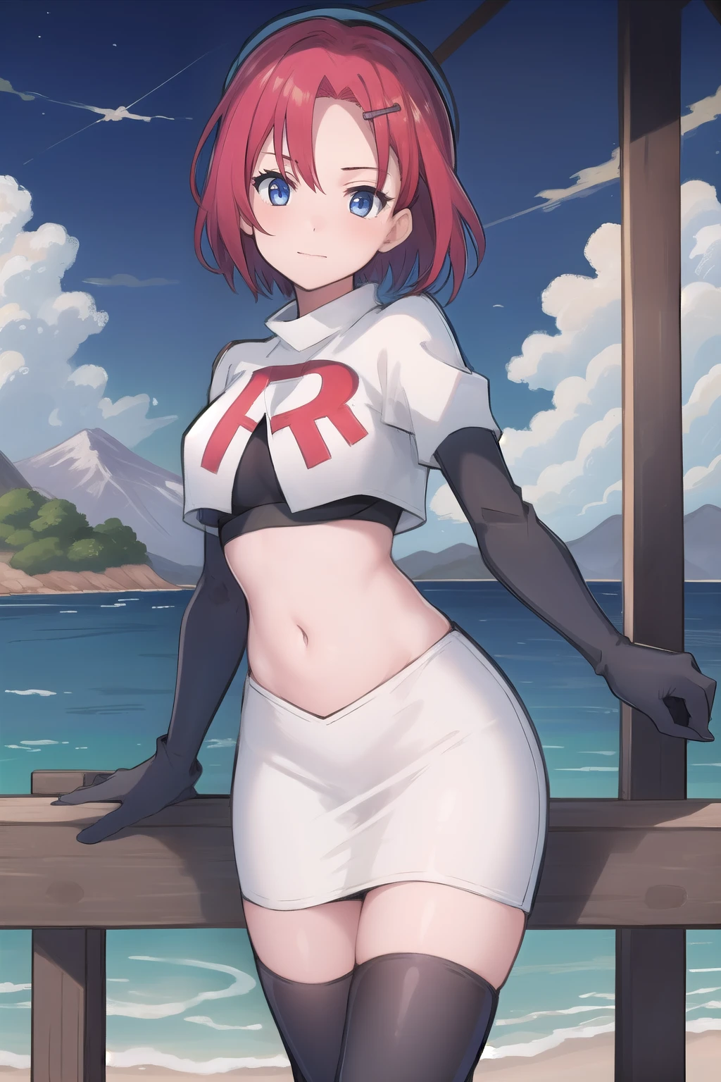 best quality, (masterpiece:1.2), illustration, absurdres, (1girl, solo, beautiful detailed girl),
Emily, short hair, red hair, hair ornament, hairclip, blue eyes, medium breasts,
garrison cap, team rocket,team rocket uniform,white skirt,red letter R,crop top,black thigh-highs,black elbow gloves,
field, sky, clouds, distant mountains,
looking at viewer, 