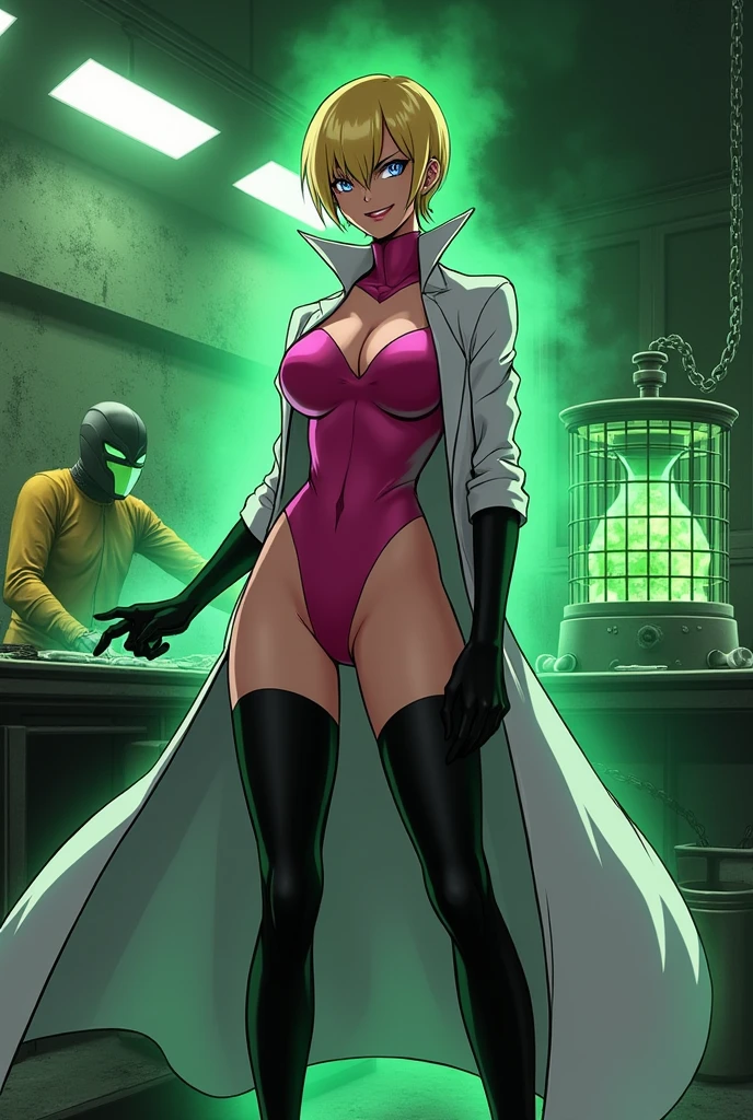 Anime style, Sultry and Beautiful young woman with a soul of pure evil and hatred. Short blonde hair that covers her left eye and blue eyed supervillain dressed in a sleek skintight pink bodysuit, long black gloves and black calf high boots. A long white lab coat over her bodysuit competes the look.  She is posing and emanating green energy. She has a smile crossing her thin red lips. The setting is a dirty laboratory with a captured costumed hero in a cage. She is creating poisons in a lab.