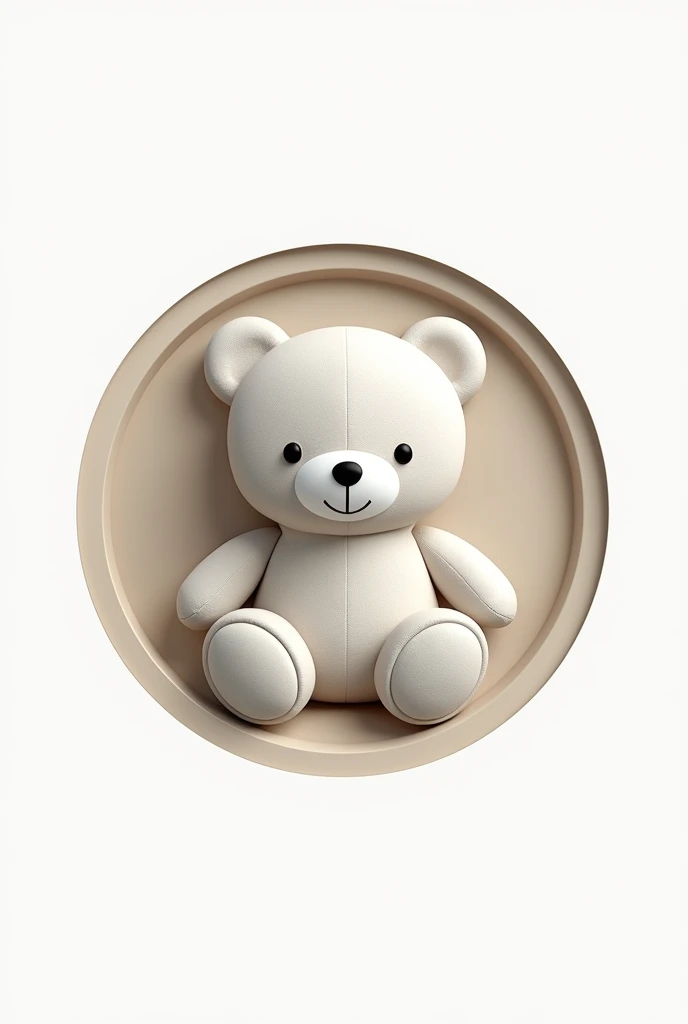 Circular logo with writing "Premium Plush Toys". The mascot, a modern teddy bear with minimalist design, is in the center of the circle, in shades of light gray and white. The company name is written in a sleek, modern font, In gold, on a band that surrounds the mascot. contemporary style, with white background and soft lighting.