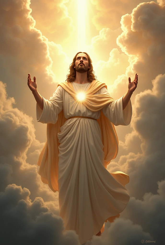 Jesus praying in heaven looking straight at the camera.