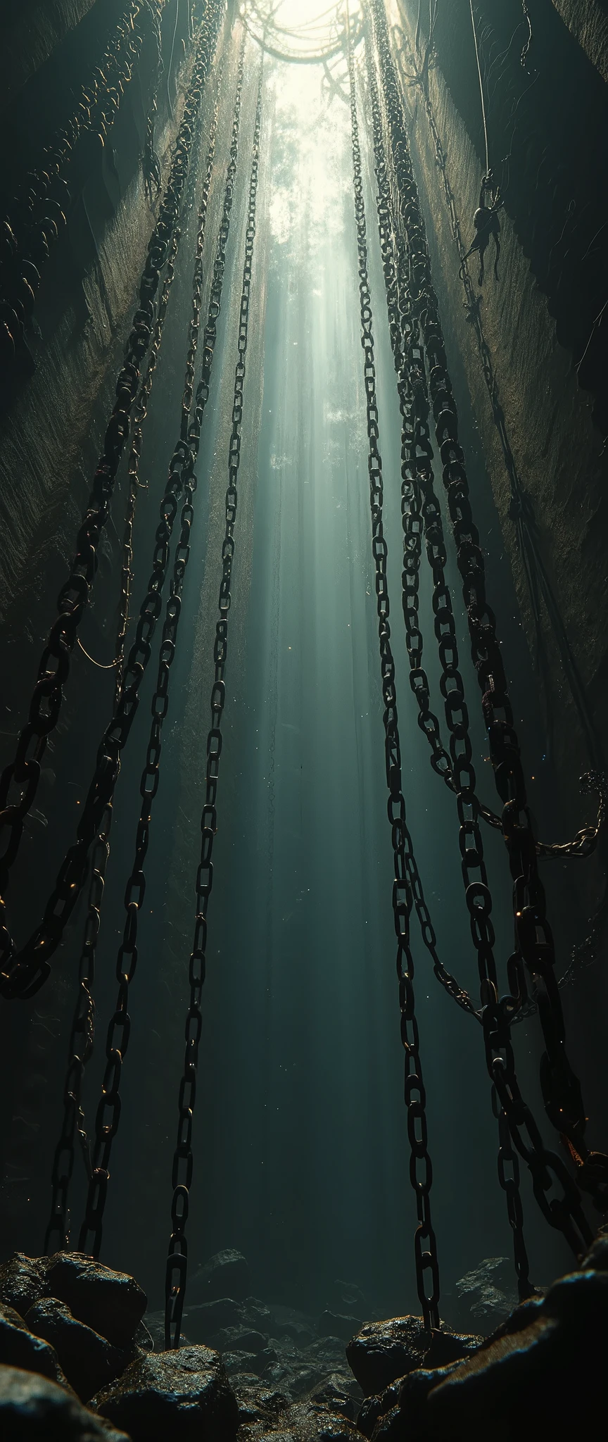 from below, a tangle of rusty chains and new, plated chains hanging from the heavens, a dimly lit place, a ray of light in the heavens, a philosophical work of art, (ultra detailed, absolutely resolution, best quality:1.3), 2.5D, delicate and dynamic effects, artistic photography, hyper realistic, graphic CG digital art