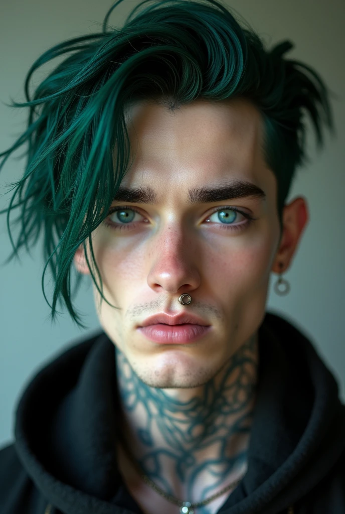 male, pale skin, dark green emo hair, dark blue eyes, button nose, attractive, slender eyes, adult man, eyebrow piercing, lip piercing, septum piercing