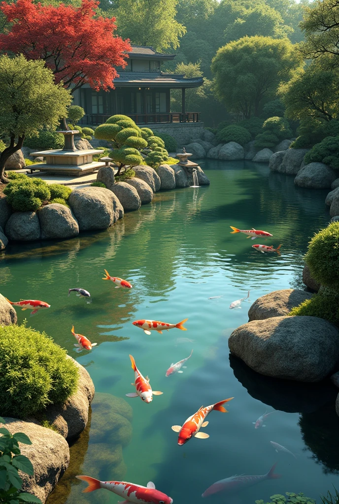 a tranquil Japanese garden, sunlight on a pond, detailed view of the pond bed without surface reflection, high angle view of the pond, best quality, 8k, wallpaper, masterpiece, ultra-detailed, realistic, photorealistic