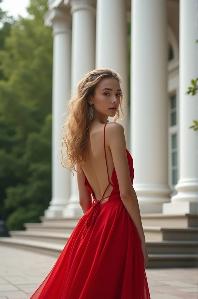 A young Tajik woman with curly blonde hair wearing a long, backless red dress standing in front of a white building with trees in the background