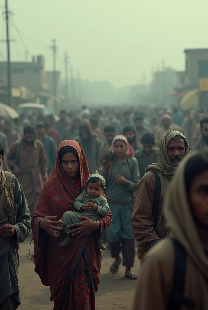 Partition of India (1947):** A poignant scene showing the mass migration during the partition, with people crossing borders, carrying their belongings, and a sense of uncertainty and sadness, reflecting the human cost of independence