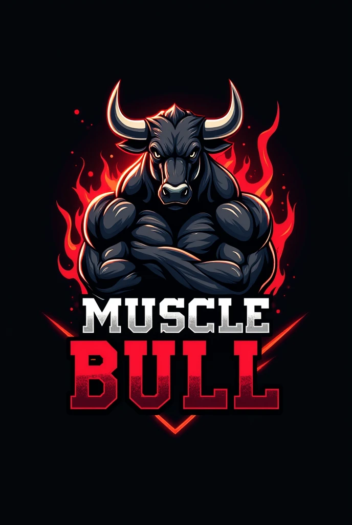 Design a powerful and dynamic logo for a brand called 'Muscle Bull.' The logo should feature a strong, muscular bull as the central figure, symbolizing strength, power, and determination. The bull should have well-defined muscles, with a stance that conveys energy and dominance. Incorporate sharp, angular lines to emphasize the bull's muscular build and add a sense of intensity. The color scheme should include bold, dark tones like black, deep red, or metallic gray to create a fierce and commanding presence. The text 'Muscle Bull' should be integrated into the design, using a bold, modern font that complements the aggressive and energetic vibe of the logo
