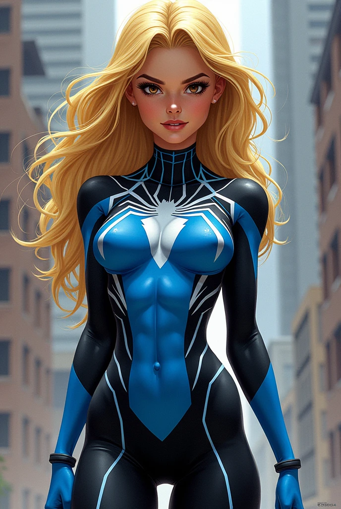 Spiderwomen in blue and black suit with spider lightning design blonde hair brown eyes cinnamon very thin small breasts and small hips comic young body not so formed