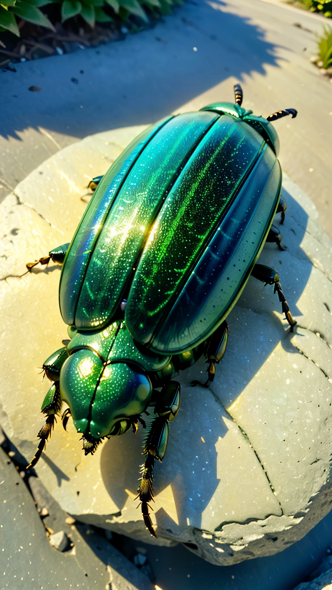 there is a green and yellow beetle that is sitting on a rock, insect, scarab, beetle, horned beetle, iridescent beetles, beetle-inspired, taken with sony alpha 9, fluffy green belly, pot-bellied, that looks like a insect, gold green creature, the emerald herald in the garden, on sidewalk, detailed. insect like, unusual beauty