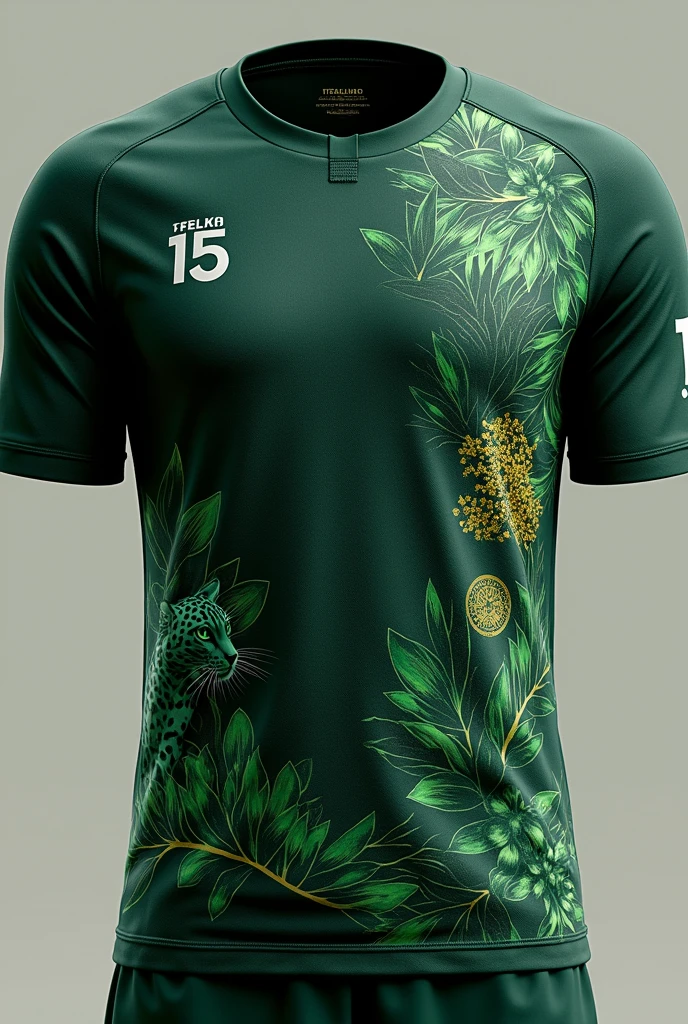 Dark Green Football Shirt Details :
The light green leaves spread across the entire shirt In the center of the front, an ocelot and a Victoria Regia on the bottom left side In the upper right part, a white number 15 In the upper left part, a small golden tree