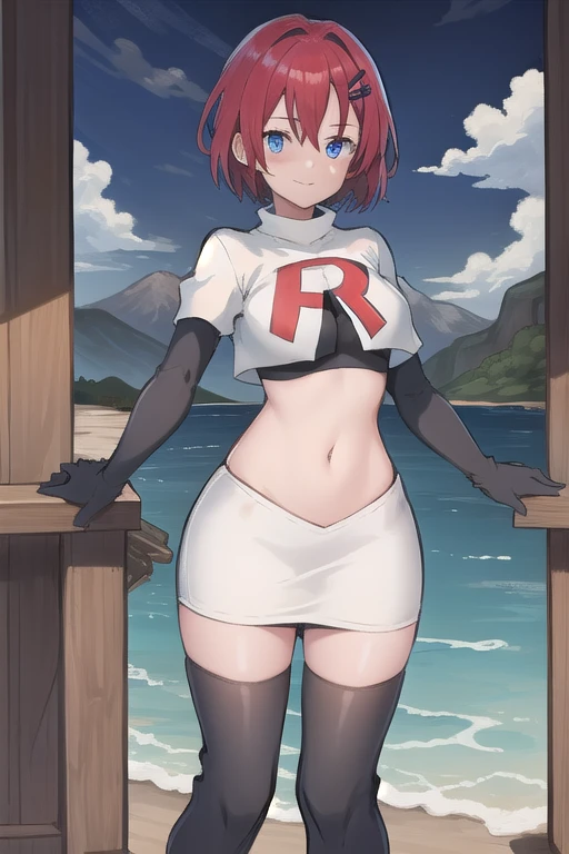 best quality, (masterpiece:1.2), illustration, absurdres, (1girl, solo, beautiful detailed girl),
Emily, short hair, red hair, hair ornament, hairclip, blue eyes, medium breasts,
garrison cap, team rocket,team rocket uniform,white skirt,red letter R,crop top,black thigh-highs,black elbow gloves,
field, sky, clouds, distant mountains,
looking at viewer, 