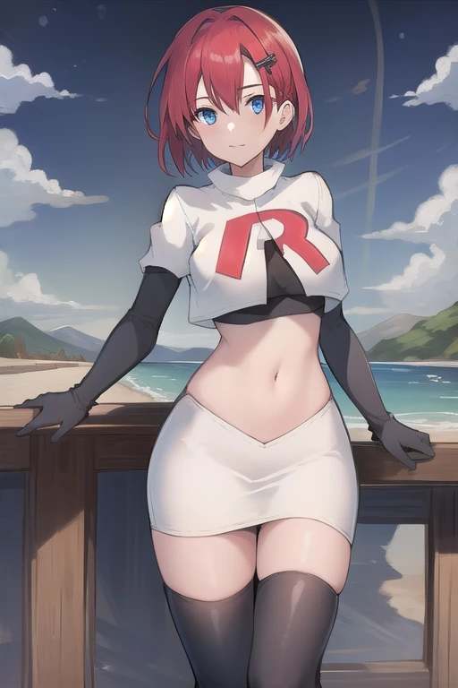 best quality, (masterpiece:1.2), illustration, absurdres, (1girl, solo, beautiful detailed girl),
Emily, short hair, red hair, hair ornament, hairclip, blue eyes, medium breasts,
garrison cap, team rocket,team rocket uniform,white skirt,red letter R,crop top,black thigh-highs,black elbow gloves,
field, sky, clouds, distant mountains,
looking at viewer, 