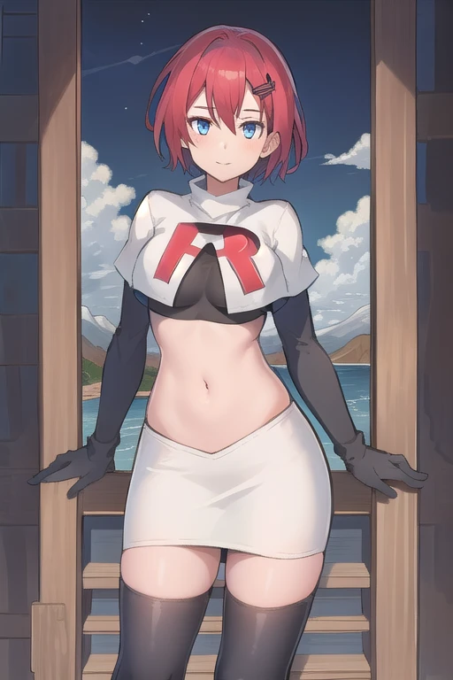 best quality, (masterpiece:1.2), illustration, absurdres, (1girl, solo, beautiful detailed girl),
Emily, short hair, red hair, hair ornament, hairclip, blue eyes, medium breasts,
garrison cap, team rocket,team rocket uniform,white skirt,red letter R,crop top,black thigh-highs,black elbow gloves,
field, sky, clouds, distant mountains,
looking at viewer, 