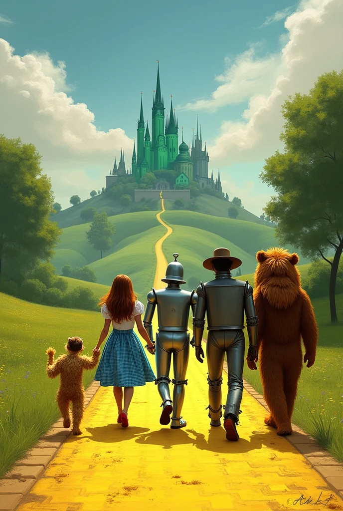 Dorothy Gale, Toto, the Scarecrow, the Tin Woodman, and the Cowardly Lion on the yellow brick road, walking toward the Emerald City (with their backs facing the screen). 
