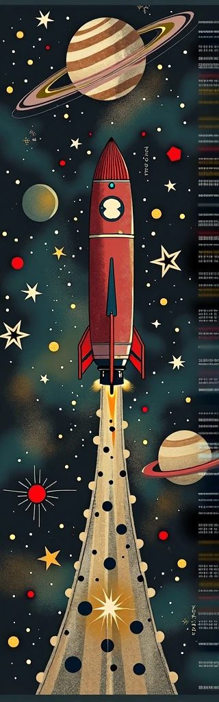 This painting depicts a rocket soaring through space, surrounded by planets, stars, and various celestial bodies. The artistic style is imaginative and vibrant, with a strong contrast between the dark colors of space and the bright hues of the rocket and planets. The rocket is painted in shades of red and orange, while the background of space is dominated by deep blues and blacks. These elements create a fantastical and adventurous atmosphere, reminiscent of illustrations in storybooks or contemporary fantasy art.