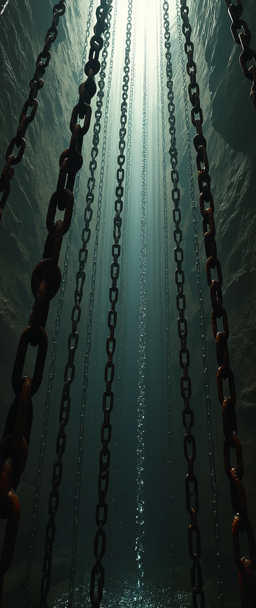 from below, a tangle of rusty chains and new, chrome plated chains hanging from the heavens, a dimly lit place, a ray of light in the heavens, a philosophical work of art, (ultra detailed, absolutely resolution, best quality:1.3), 2.5D, delicate and dynamic effects, artistic photography, hyper realistic, graphic CG digital art