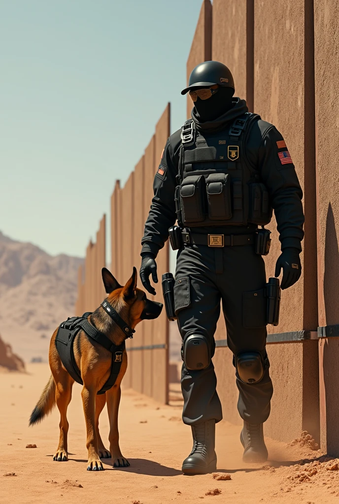 man 1.80 tall working in a desert location as a security guard wearing black tactical clothing coming out from behind with mass texture solar panels in front of him and a tactical dog attacking a thief