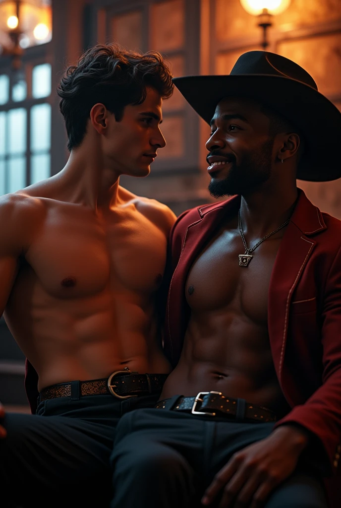 Young handsome cute beautiful skinny white face without shirt cowboy sitting next to a man dressed as a black handsome millionaire cowboy sitting on his knee in a dark bar